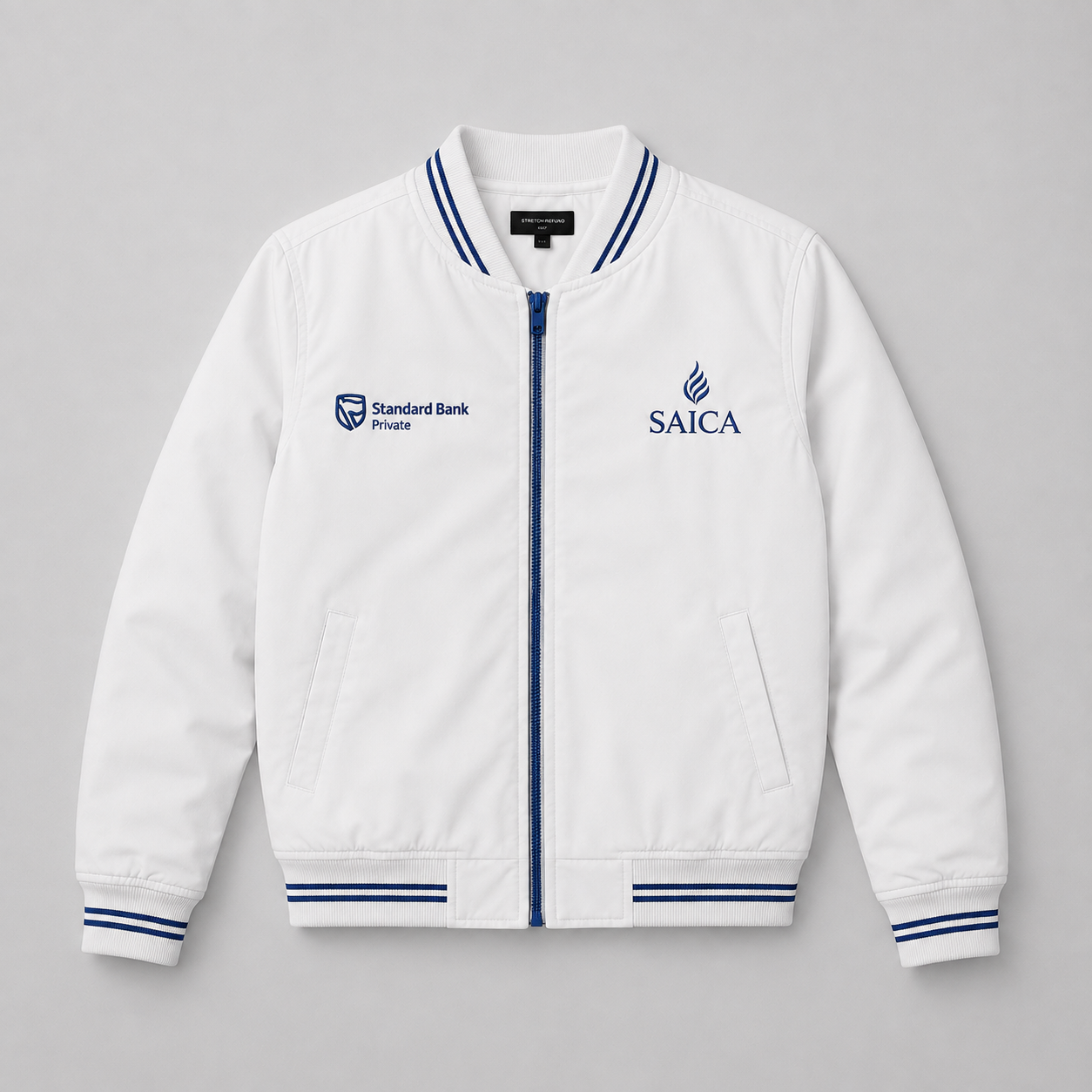 White SAICA sponsor bomber jacket front